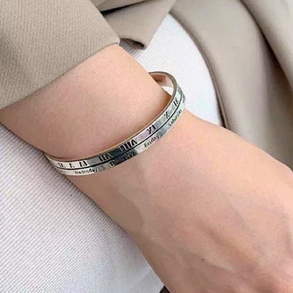 Sterling Silver Roman Numeral Bangle Cuff Bracelet - Picture 6 of 9